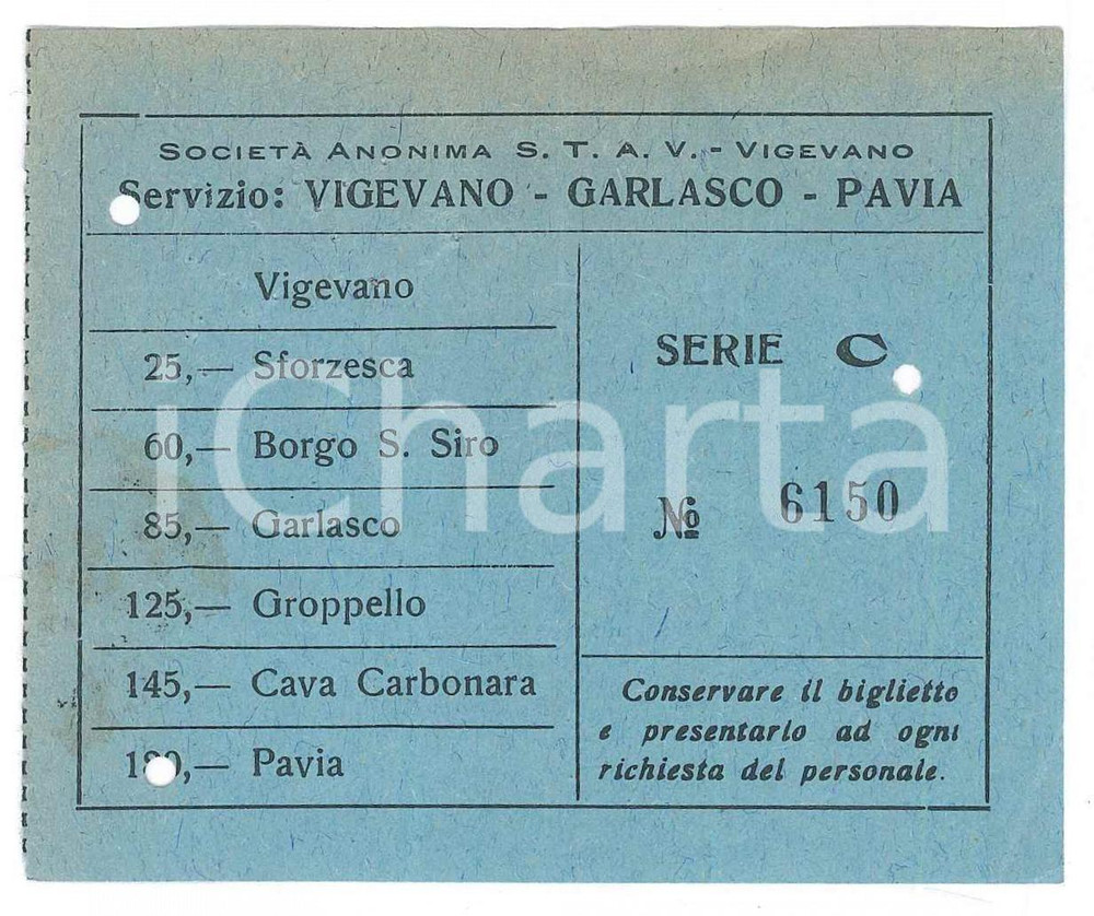 Oggetto da collezione cartaceo 1950 ca STAV Società trasporti  Biglietto VIGEVANO  GARLASCO  PAVIA 10x8 1