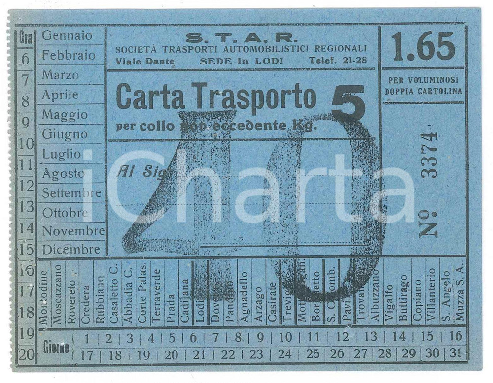 Oggetto da collezione cartaceo 1950 ca LODI Trasporti STAR Carta trasporto colli  Tratta MONTODINE  MUZZA 1