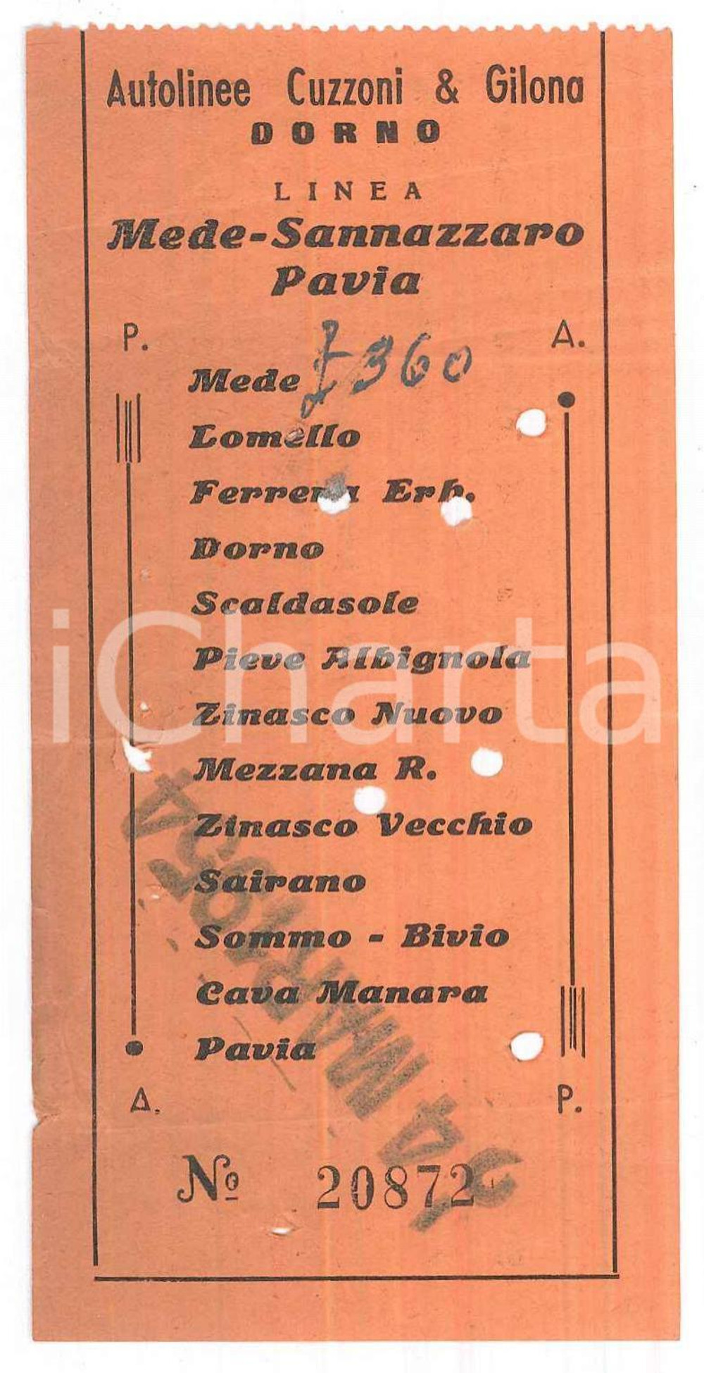 Oggetto da collezione cartaceo 1954 DORNO Autolinee CUZZONI E GILONA Biglietto MEDE  SANNAZZARO  PAVIA 6x12 1