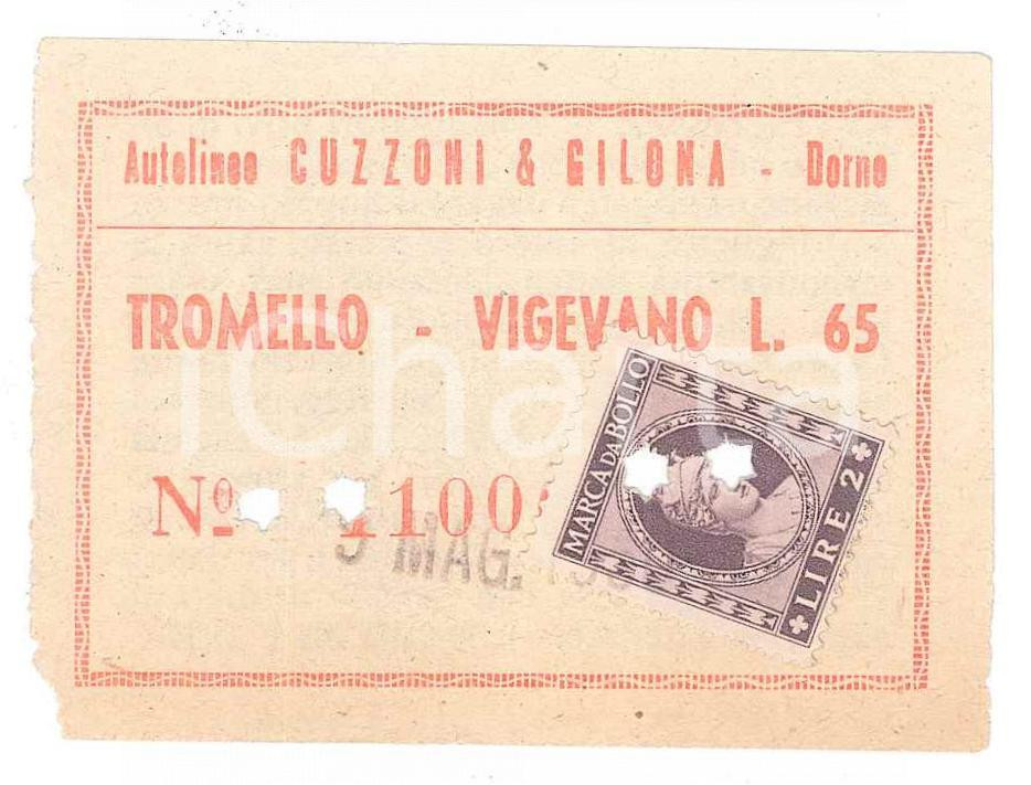 Oggetto da collezione cartaceo 1950 ca DORNO Autolinee CUZZONI E GILONA Biglietto TROMELLO  VIGEVANO 7x5 1