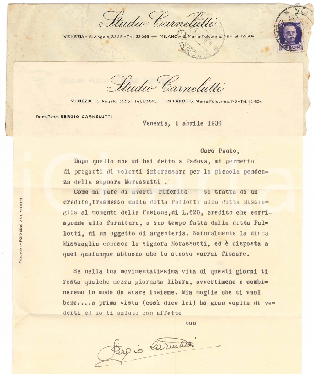 Autografo originale 1936 VENEZIA Lettera Sergio CARNELUTTI a un collega per pendenza  Autografo 1
