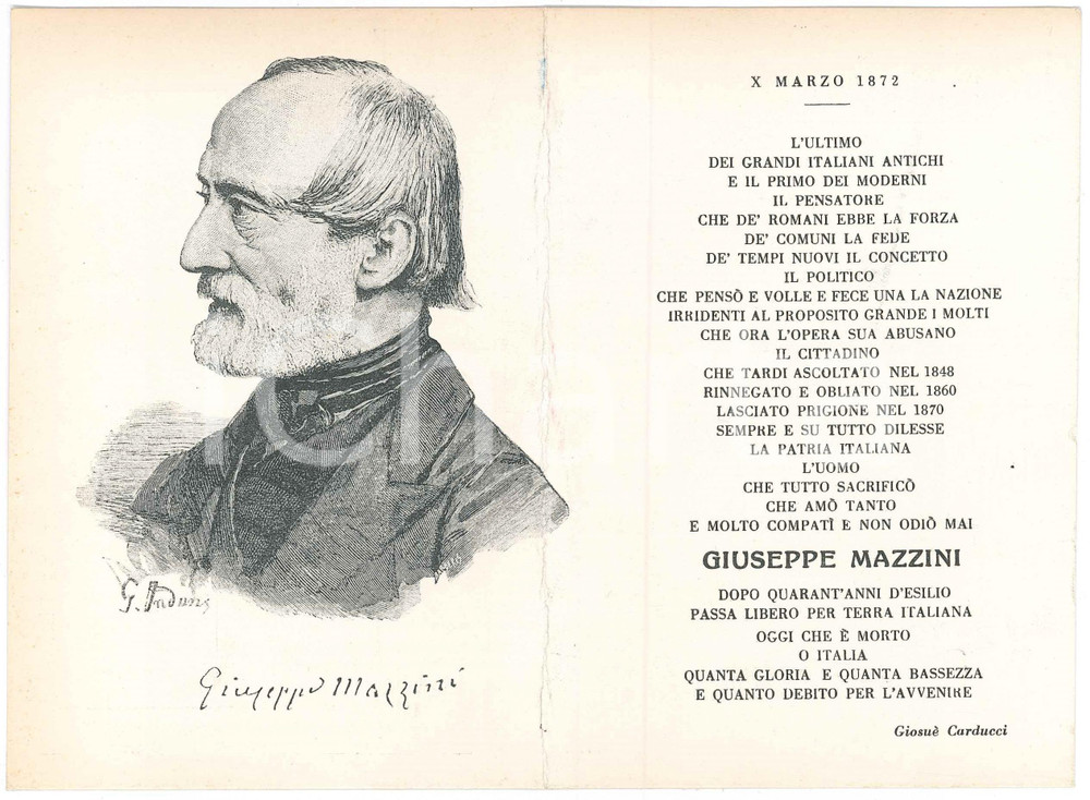 Oggetto da collezione cartaceo 1965 ca PRI  Giuseppe MAZZINI  Biglietto commemorativo ILLUSTRATO 1