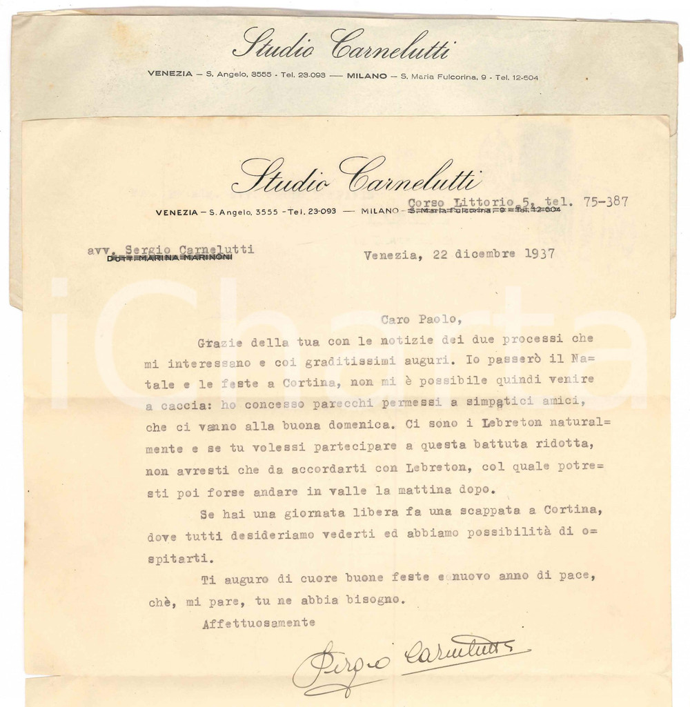 Autografo originale 1937 VENEZIA Lettera Sergio CARNELUTTI in vacanza a Cortina Autografo 1