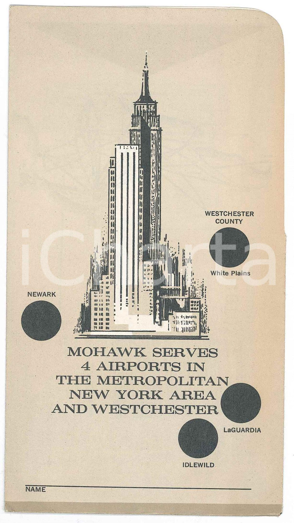 Materiale pubblicitario d’epoca 1964 USA  MOHAWK AIR LINES Biglietto DETROITBUFFALO 10x17 cm 1