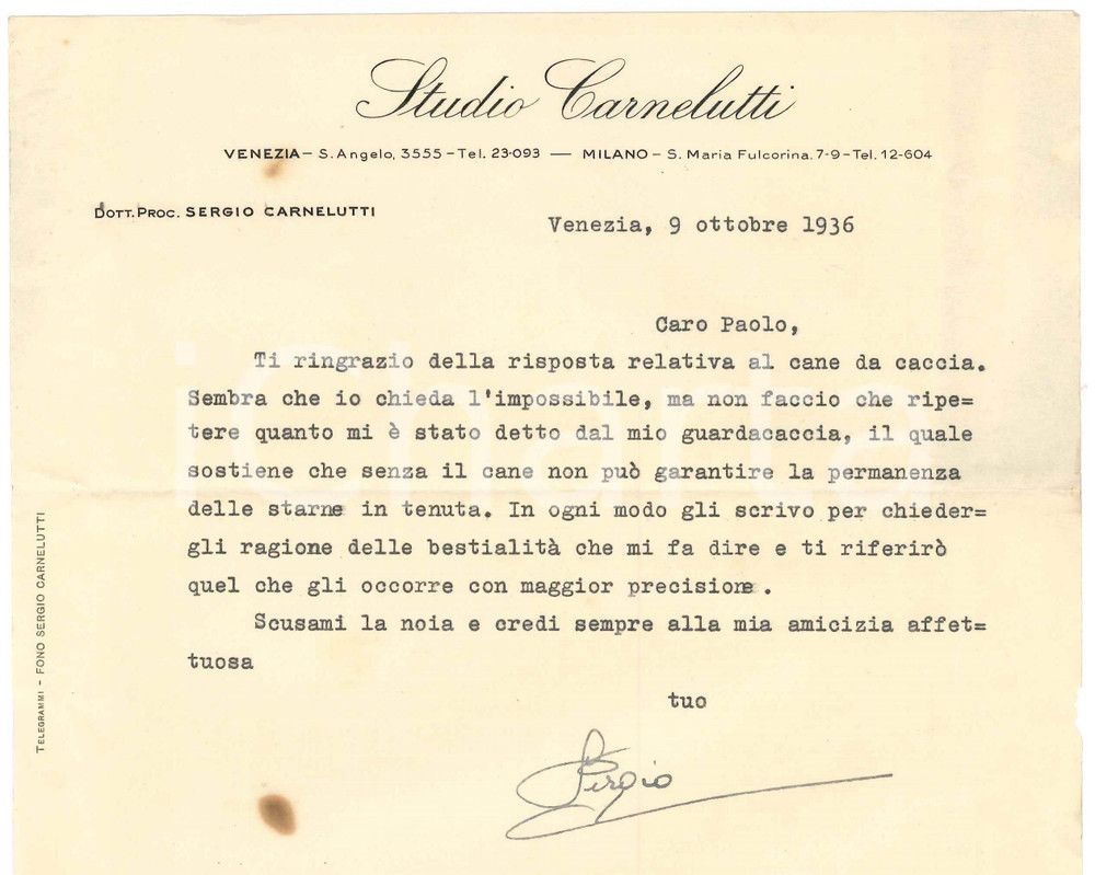 Autografo originale 1936 VENEZIA Lettera Sergio CARNELUTTI per un cane da caccia Autografo 1