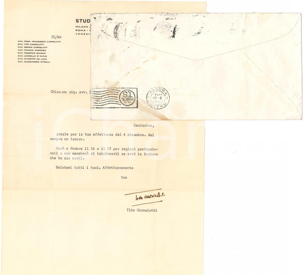 Autografo originale 1954 MILANO Lettera Tito CARNELUTTI a un collega avvocato Autografo 1