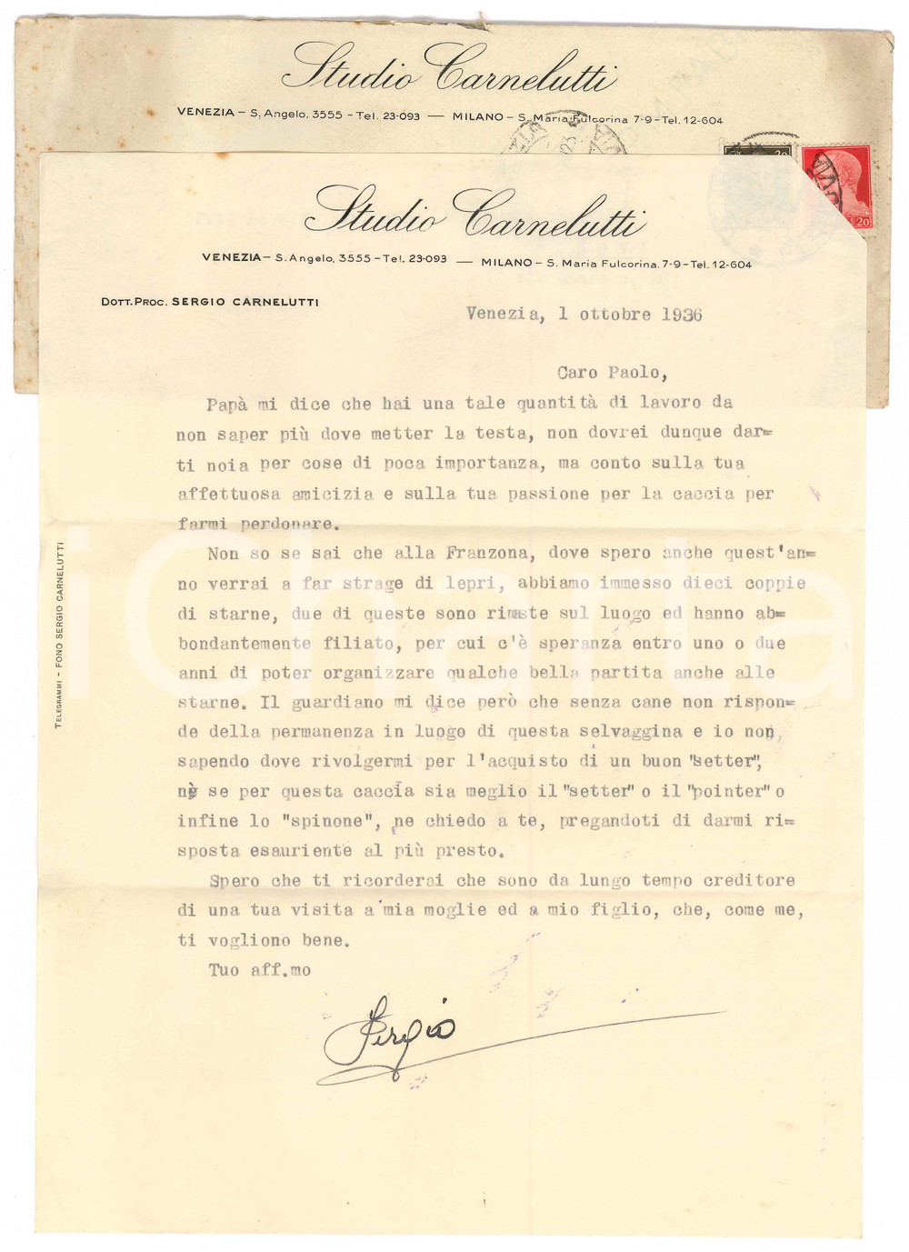 Autografo originale 1936 VENEZIA Lettera Sergio CARNELUTTI  Invito a un collega Autografo 1