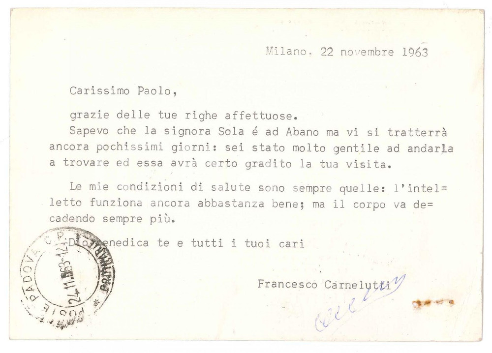 Autografo originale 1963 MILANO Cartolina Francesco CARNELUTTI a un amico e collega  AUTOGRAFO 1