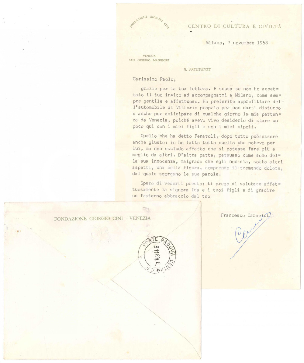 Autografo originale 1963 MILANO Lettera Francesco CARNELUTTI in difesa di Fenaroli AUTOGRAFO 1