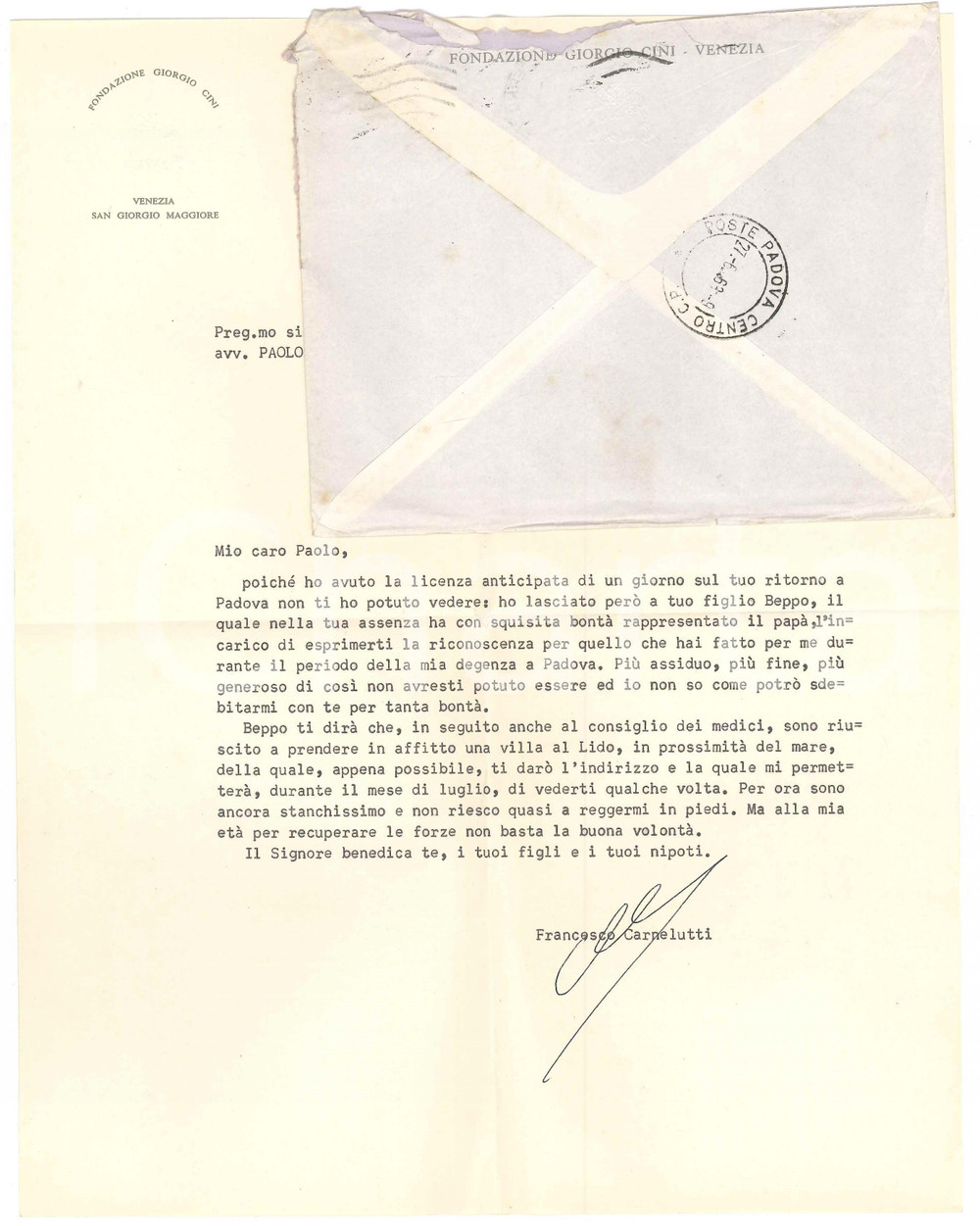 Autografo originale 1963 VENEZIA Lettera Francesco CARNELUTTI  Ringraziamento a un ospite AUTOGRAFO 1