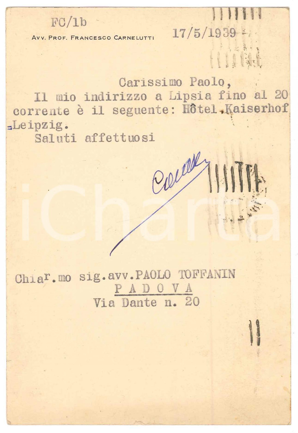 Autografo originale 1939 MILANO Francesco CARNELUTTI in partenza per Lipsia  AUTOGRAFO 1