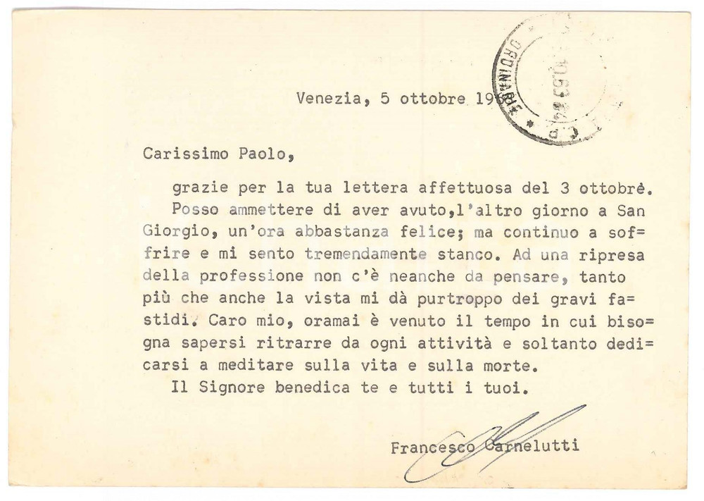 Autografo originale 1963 ROMA Cartolina Francesco CARNELUTTI in ritiro dalla professione  AUTOGRAFO 1