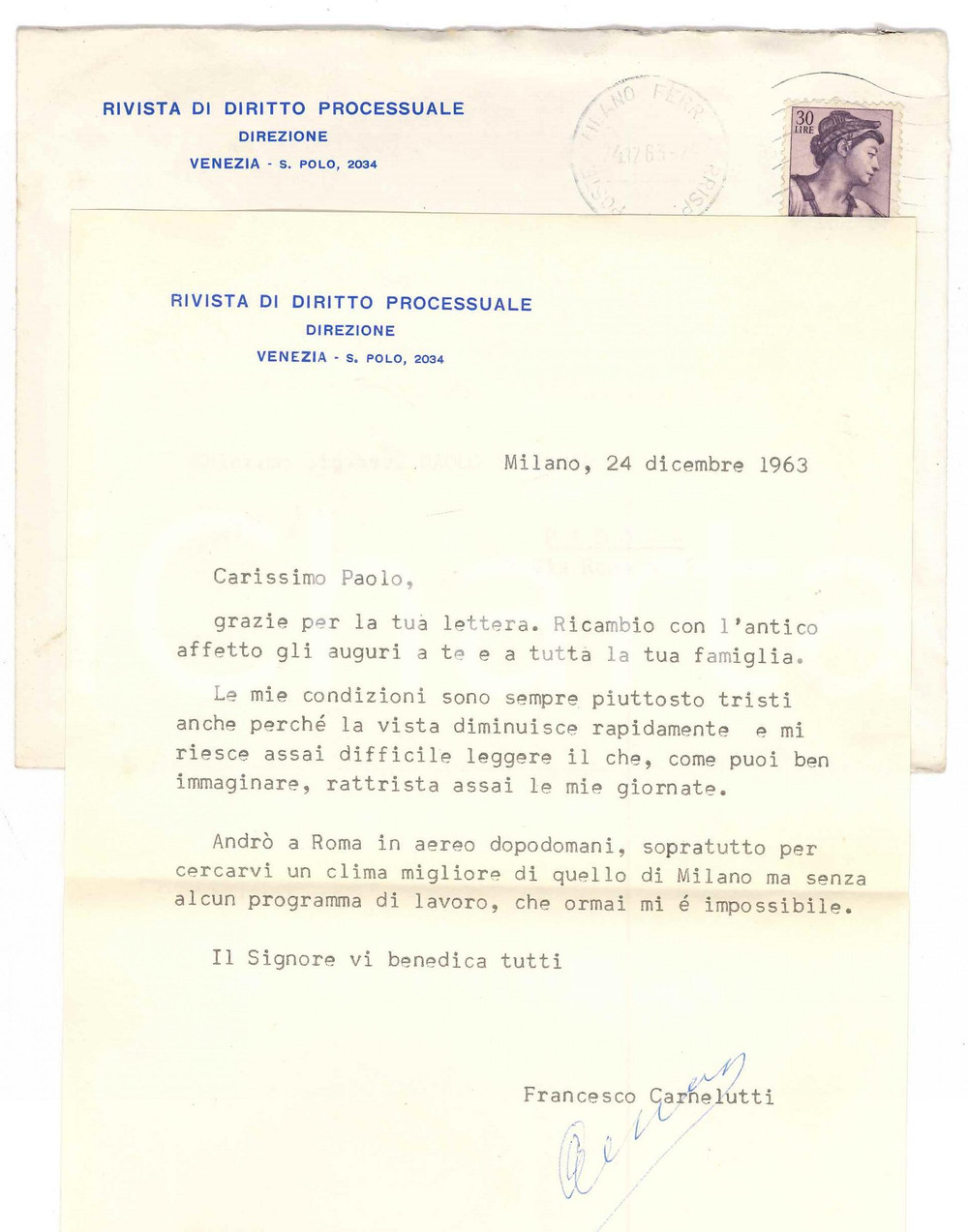 1963 MILANO Francesco CARNELUTTI - Auguri di Natale a un collega - AUTOGRAFO