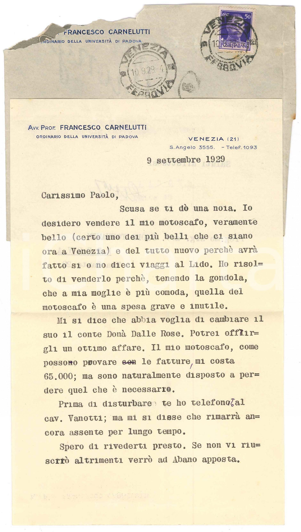 Autografo originale 1929 VENEZIA Lettera Francesco CARNELUTTI per motoscafo AUTOGRAFO 1