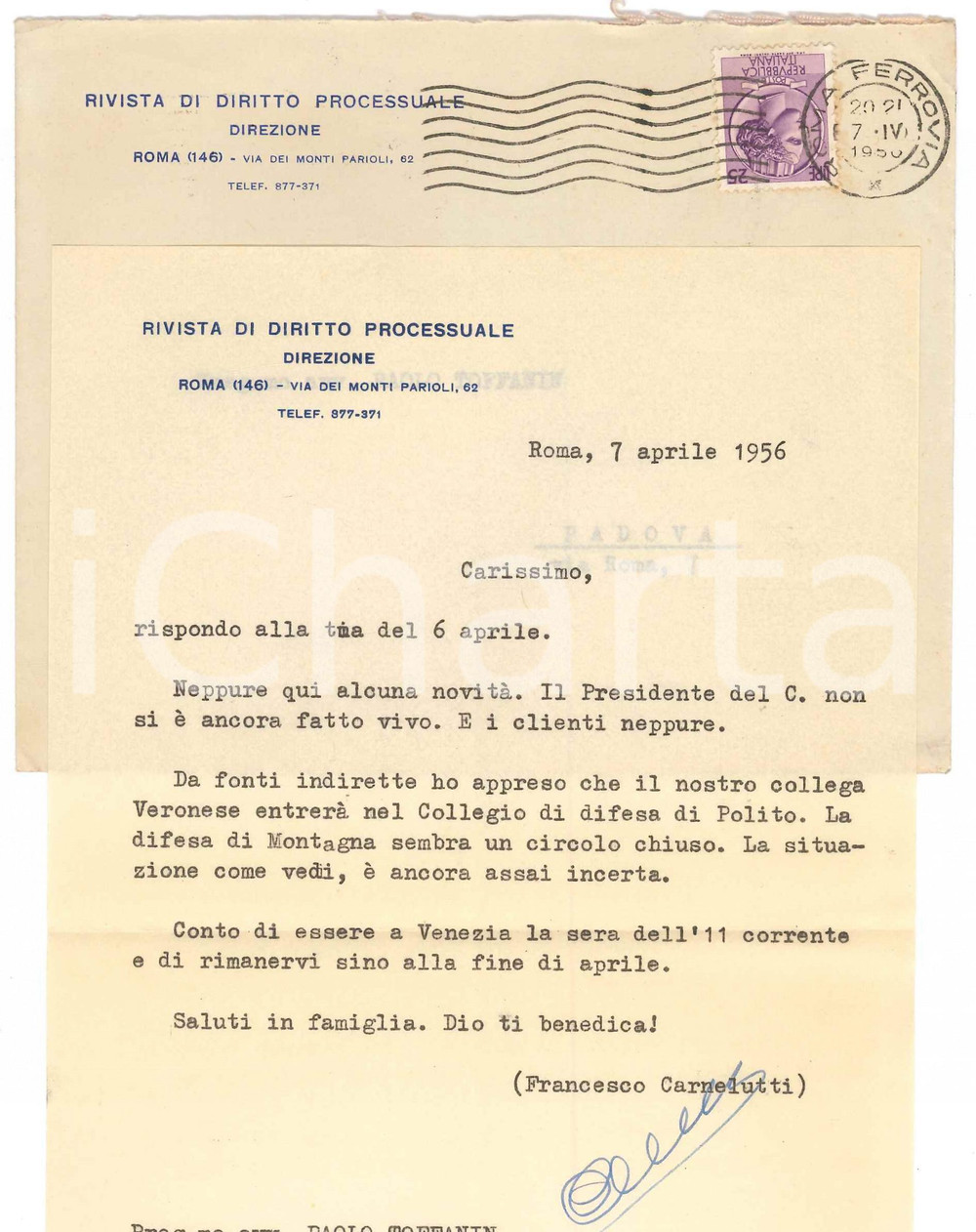 Autografo originale 1956 ROMA Lettera Francesco CARNELUTTI su collegio di difesa  AUTOGRAFO 1