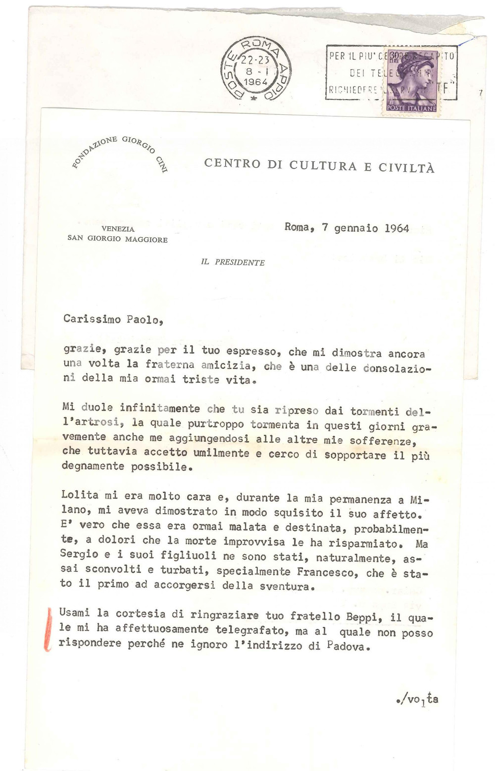 Autografo originale 1964 ROMA Lettera Francesco CARNELUTTI a un collega e amico AUTOGRAFO 1