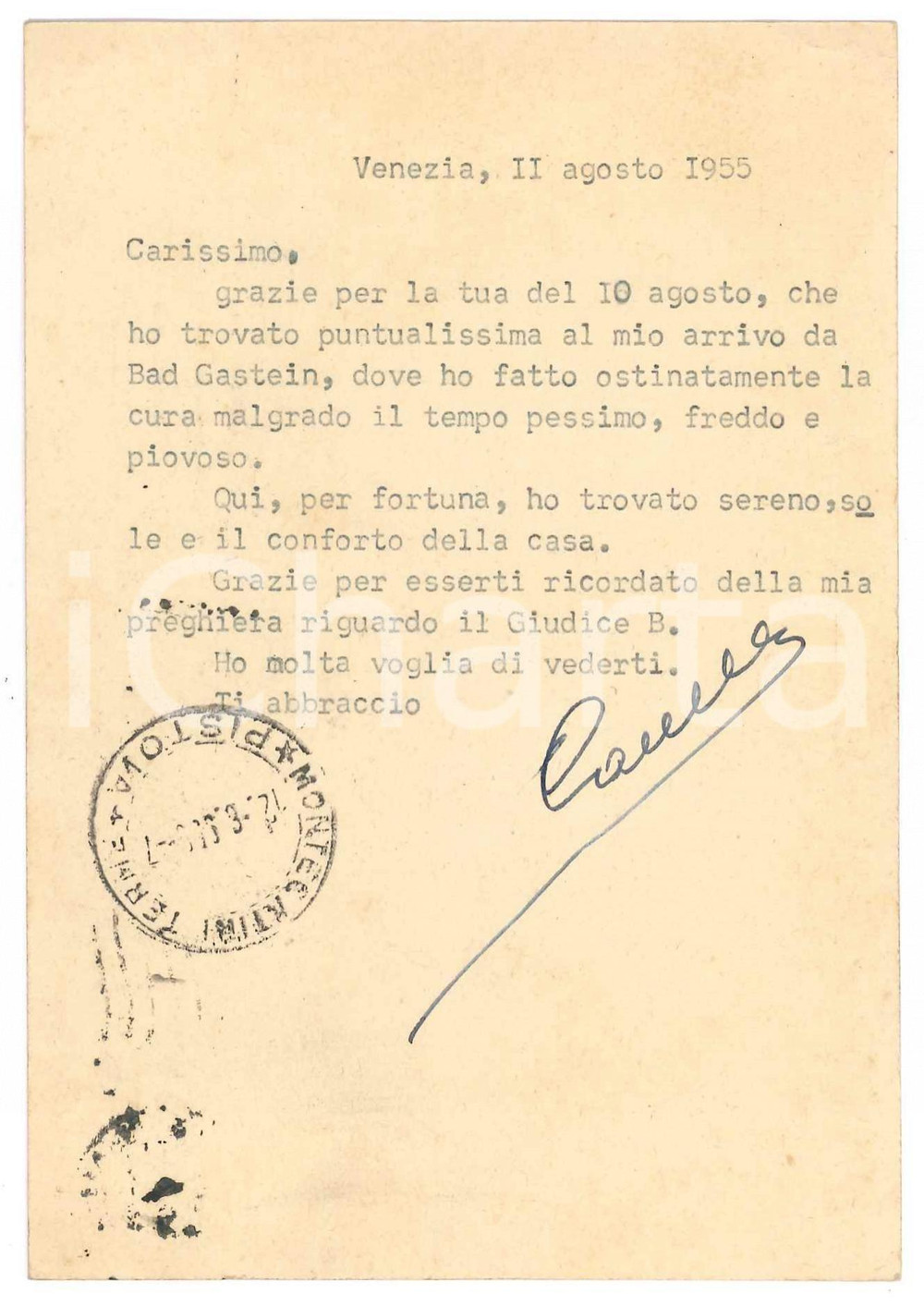 Autografo originale 1955 VENEZIA Francesco CARNELUTTI e il conforto della casa Autografo 1