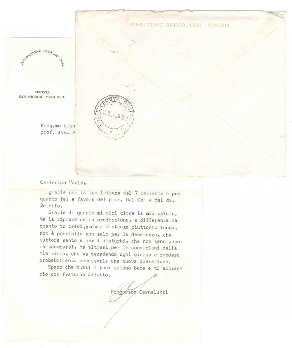 Autografo originale 1963 VENEZIA Francesco CARNELUTTI e una difficile ripresa AUTOGRAFO 1