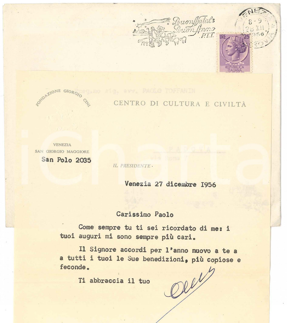 Autografo originale 1956 VENEZIA Lettera Francesco CARNELUTTI  Auguri Buon Anno AUTOGRAFO 1