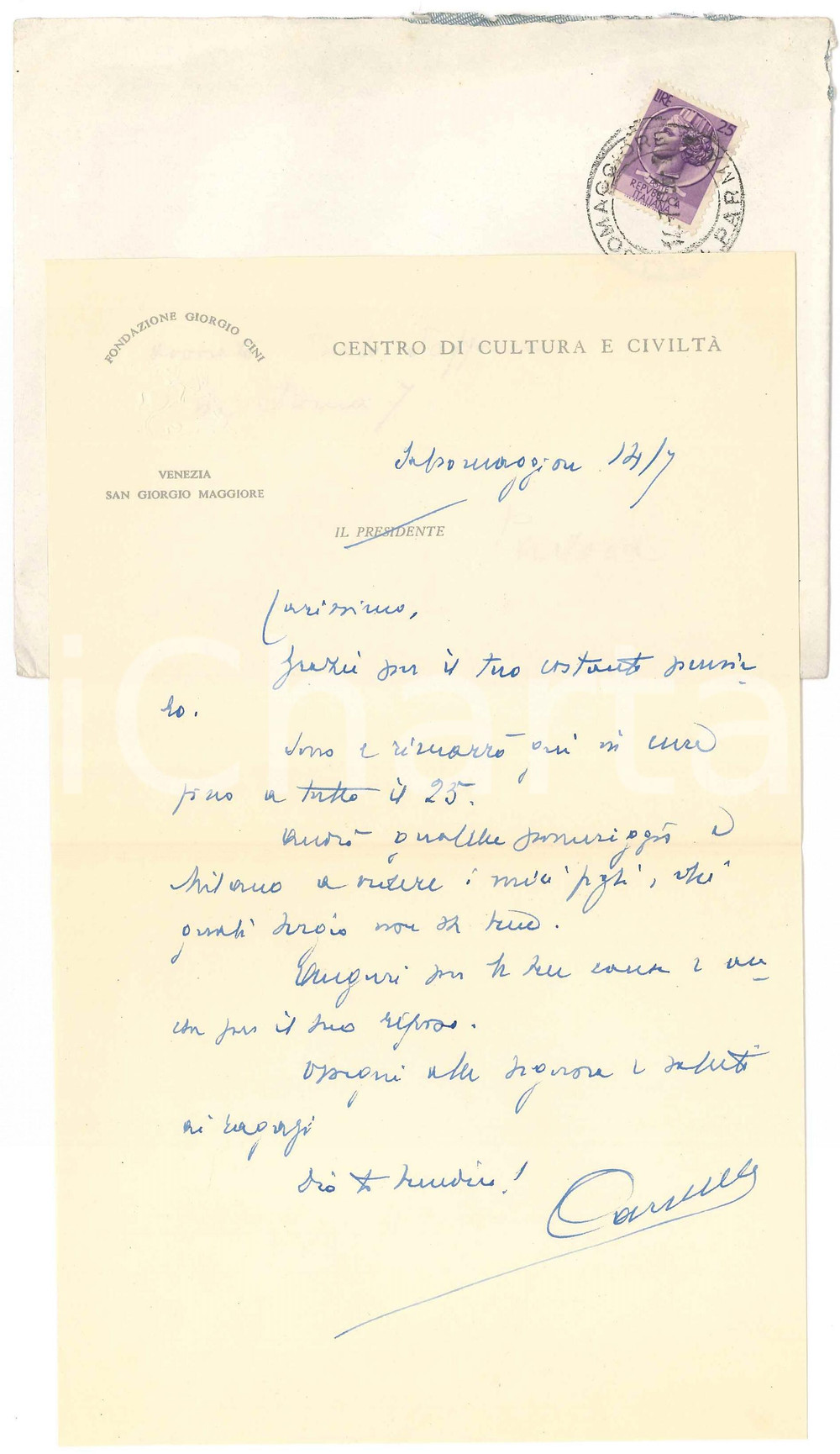 Autografo originale 1960 SALSOMAGGIORE Lettera Francesco CARNELUTTI per ringraziamento AUTOGRAFO 1
