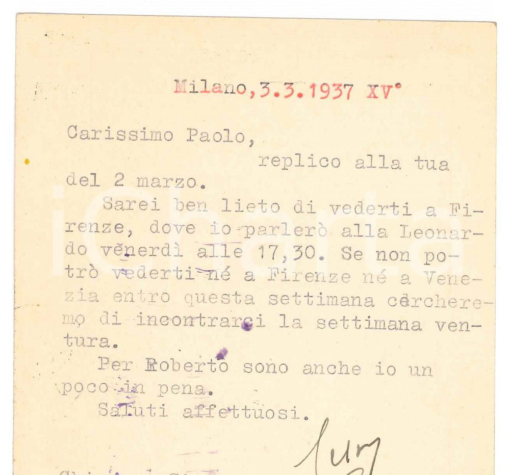 Autografo originale 1937 MILANO Cartolina Francesco CARNELUTTI per incontro con collega Autografo 1