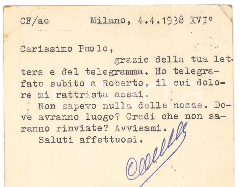 Autografo originale 1938 MILANO Francesco CARNELUTTI ignaro di un matrimonio Autografo 1