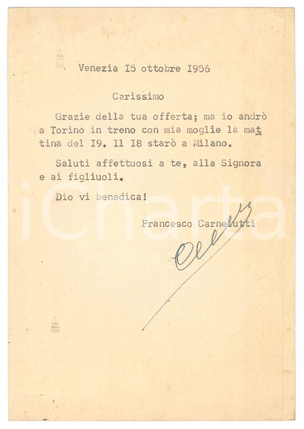Autografo originale 1956 VENEZIA Cartolina Francesco CARNELUTTI su viaggio a Torino Autografo 1