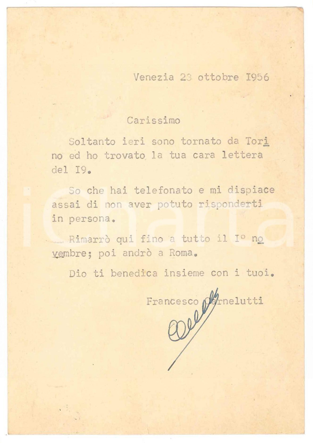 Autografo originale 1956 VENEZIA Cartolina Francesco CARNELUTTI di ritorno da Torino Autografo 1