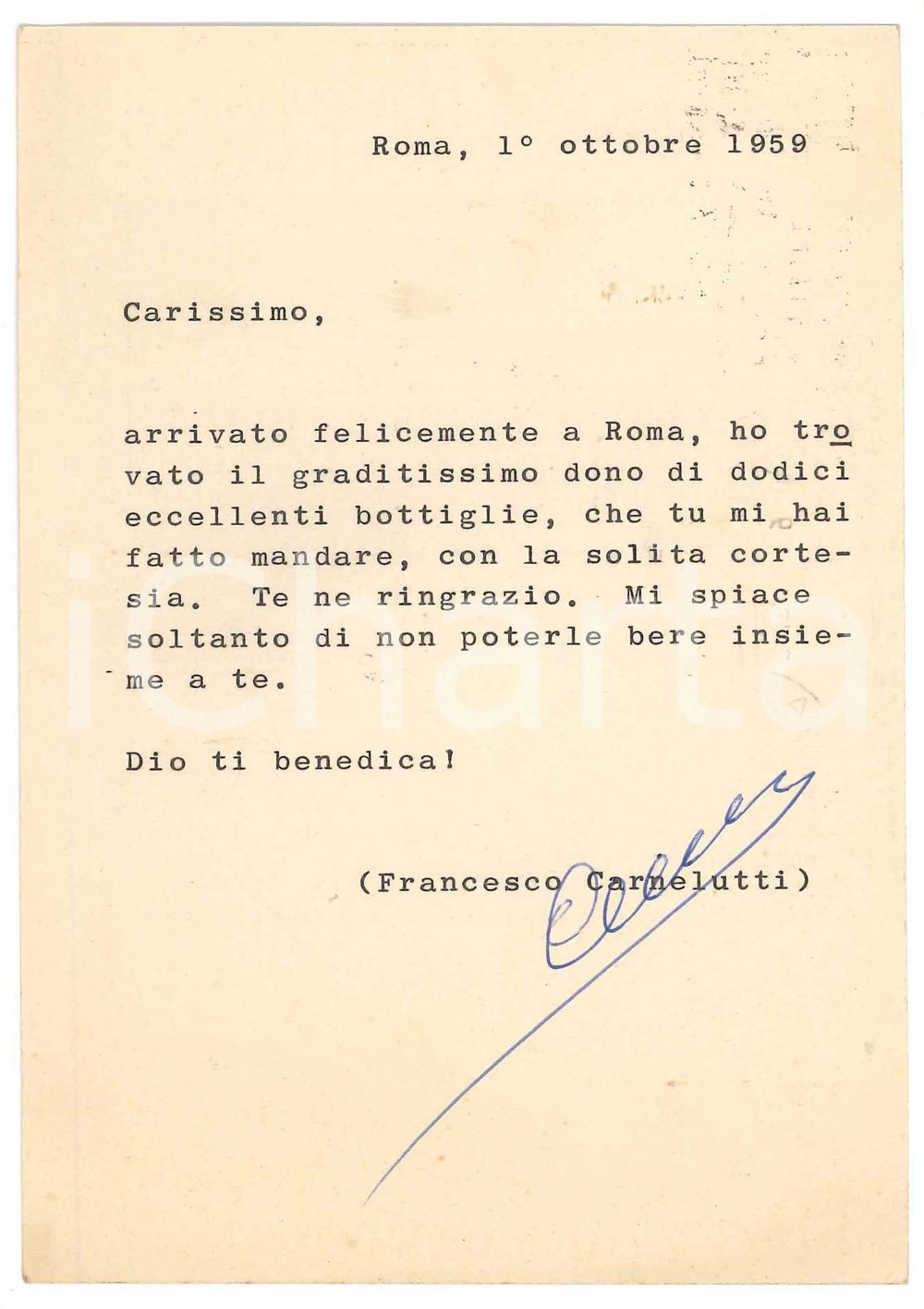 Autografo originale 1959 ROMA Francesco CARNELUTTI ringrazia per dono di bottiglie Autografo 1