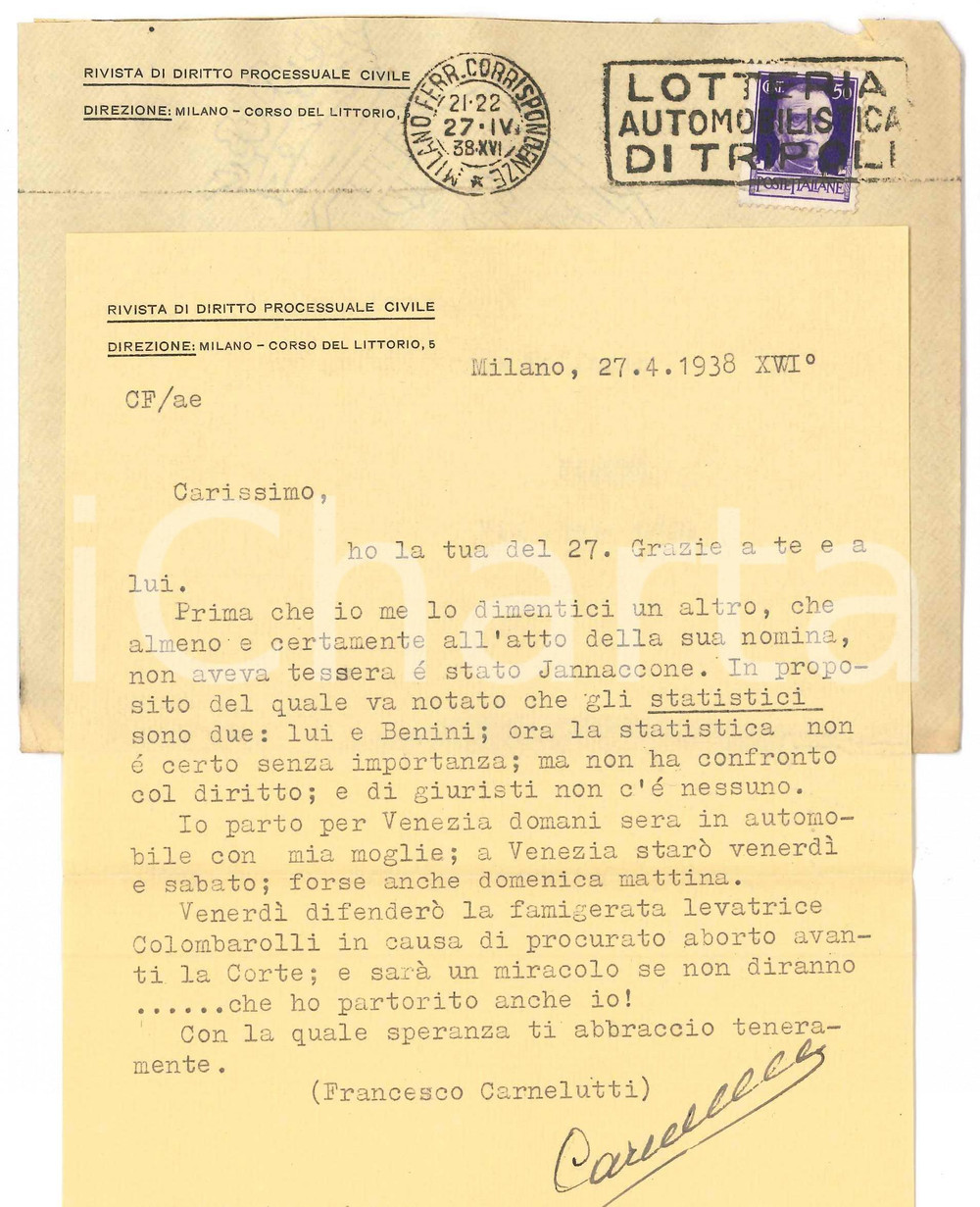 Autografo originale 1938 MILANO Lettera Francesco CARNELUTTI  Processo levatrice  AUTOGRAFO 1