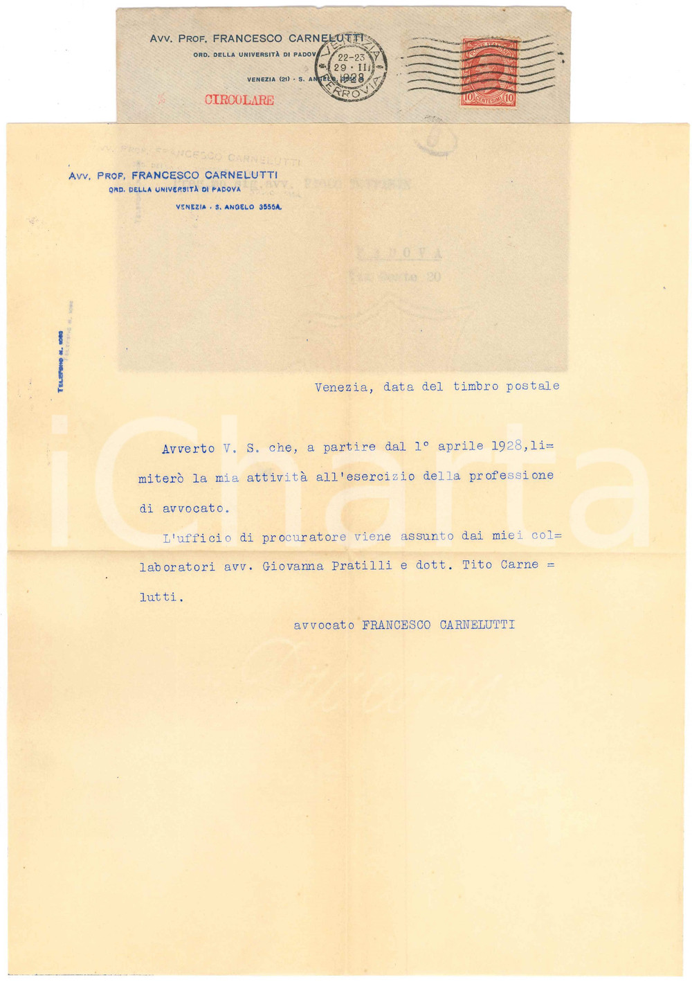 Manoscritto, lettera originale 1928 VENEZIA Lettera Francesco CARNELUTTI  Cessazione ufficio di procuratore 1