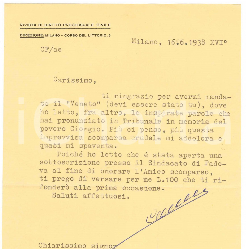 Autografo originale 1938 MILANO Lettera Francesco CARNELUTTI  Sottoscrizione pro amico AUTOGRAFO 1