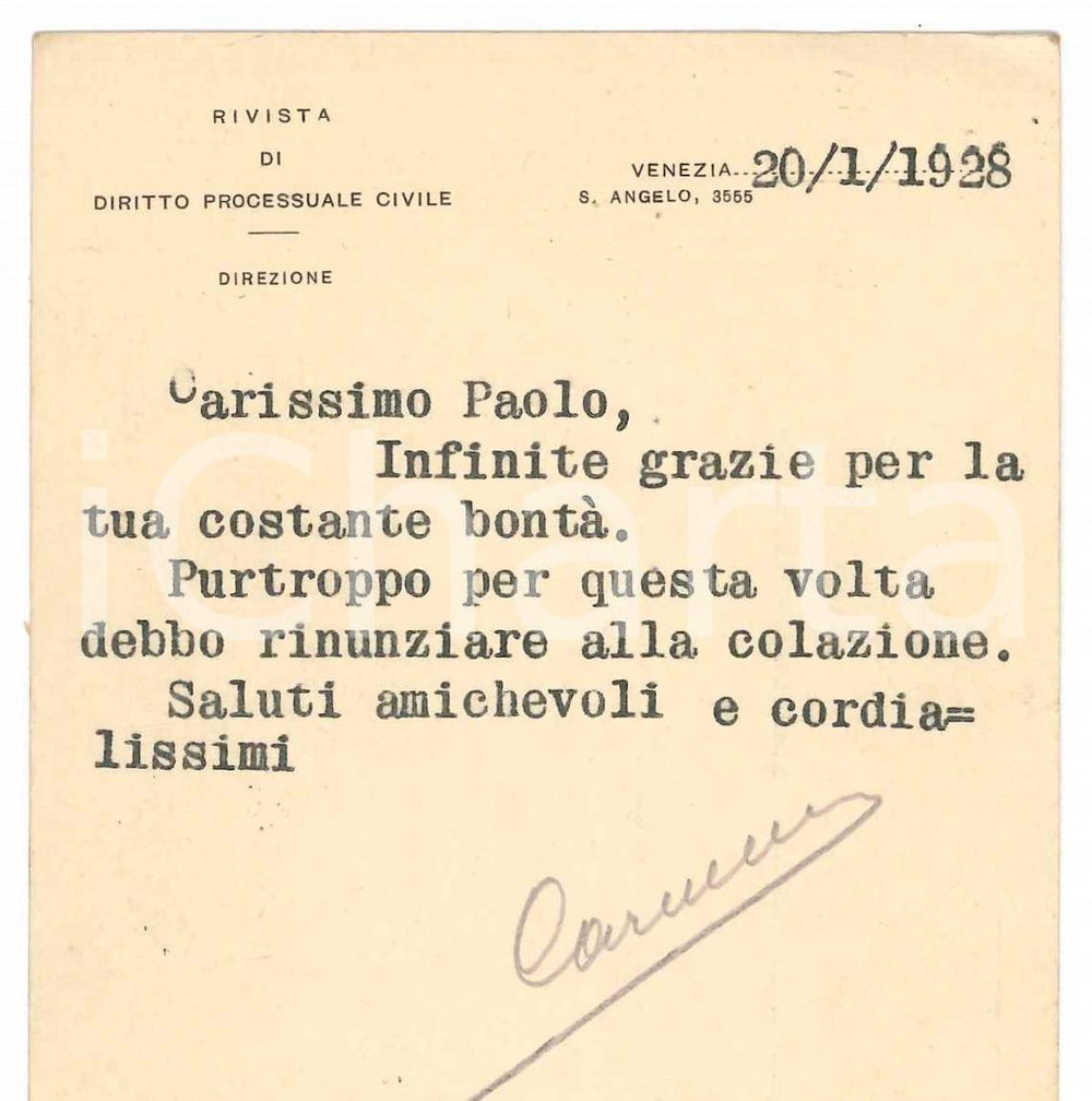 1928 VENEZIA Cartolina Francesco CARNELUTTI - Invito a colazione *Autografo