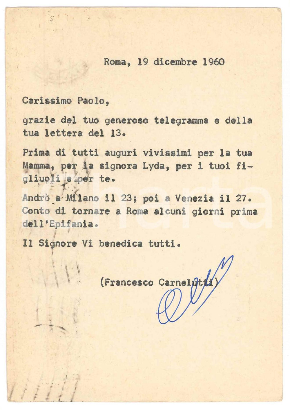 Autografo originale 1960 ROMA Cartolina Francesco CARNELUTTI per auguri natalizi Autografo 1