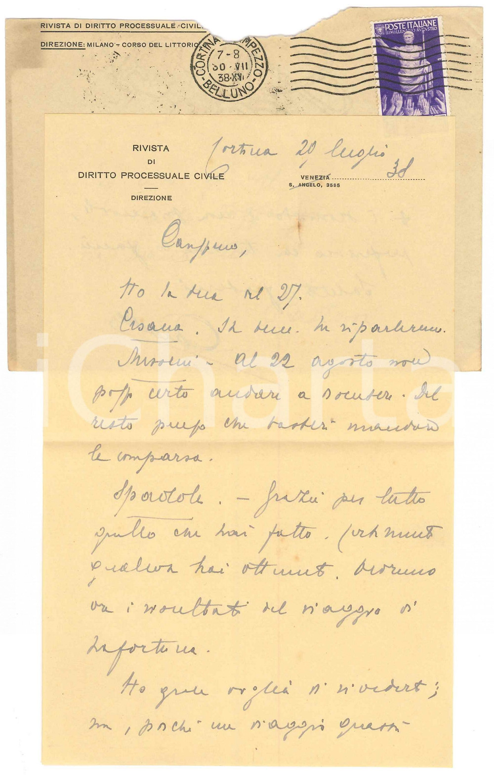 Autografo originale 1938 CORTINA D AMPEZZO Lettera Francesco CARNELUTTI a un collega Autografo 1