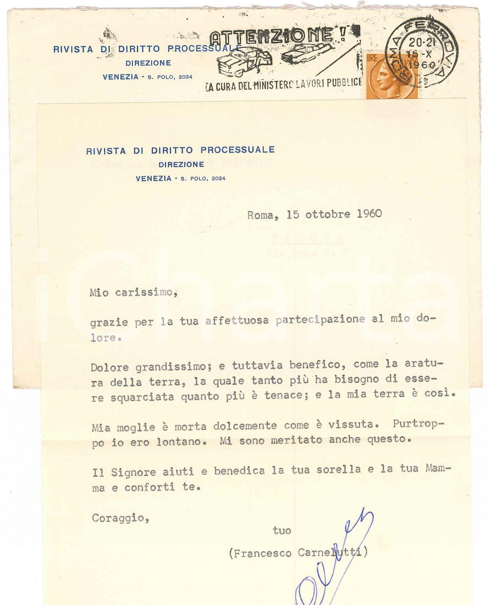 1960 ROMA Lettera Francesco CARNELUTTI per ringraziamento - AUTOGRAFO