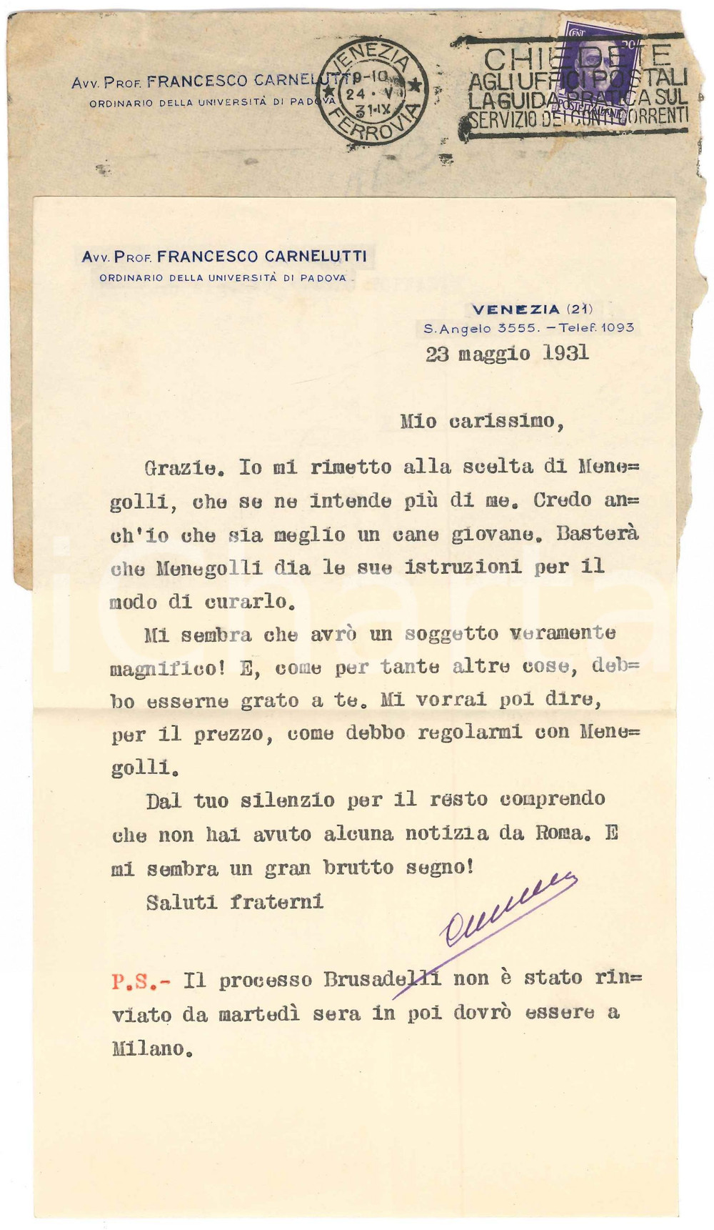 Autografo originale 1931 VENEZIA Lettera Francesco CARNELUTTI  Un cane giovane AUTOGRAFO 1
