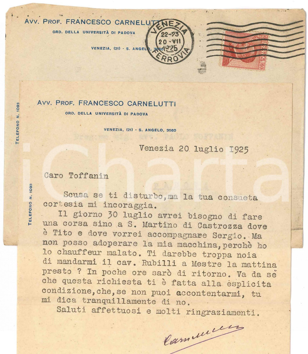 1925 VENEZIA Lettera Francesco CARNELUTTI - Visita di famiglia *AUTOGRAFO