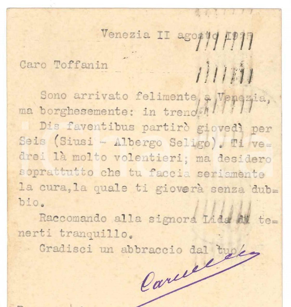 Autografo originale 1925 VENEZIA Cartolina Francesco CARNELUTTI  Viaggio di lavoro Autografo 1