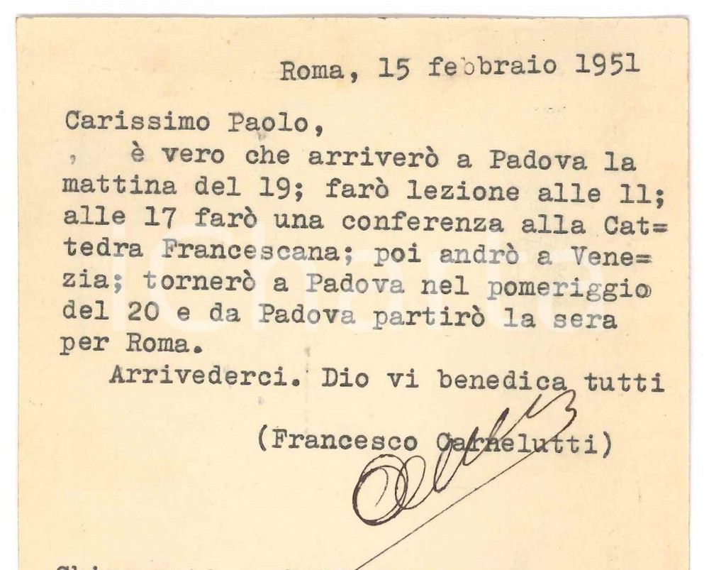 Autografo originale 1951 ROMA Cartolina Francesco CARNELUTTI tra Padova e Venezia Autografo 1