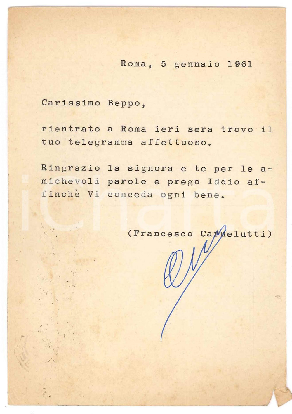 Autografo originale 1961 ROMA Cartolina Francesco CARNELUTTI per ringraziamento Autografo 1
