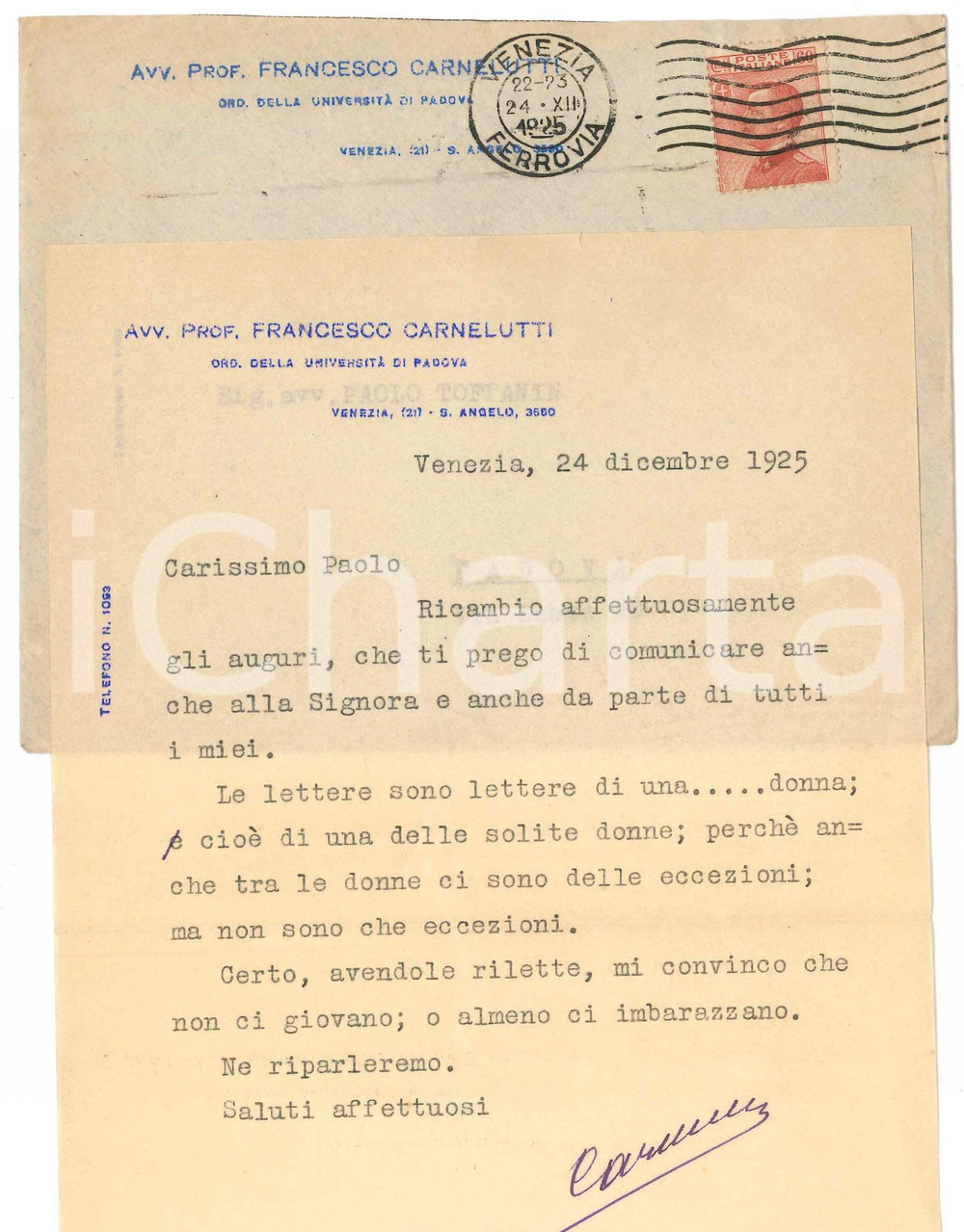Autografo originale 1925 VENEZIA Lettera Francesco CARNELUTTI  Auguri a un collega AUTOGRAFO 1