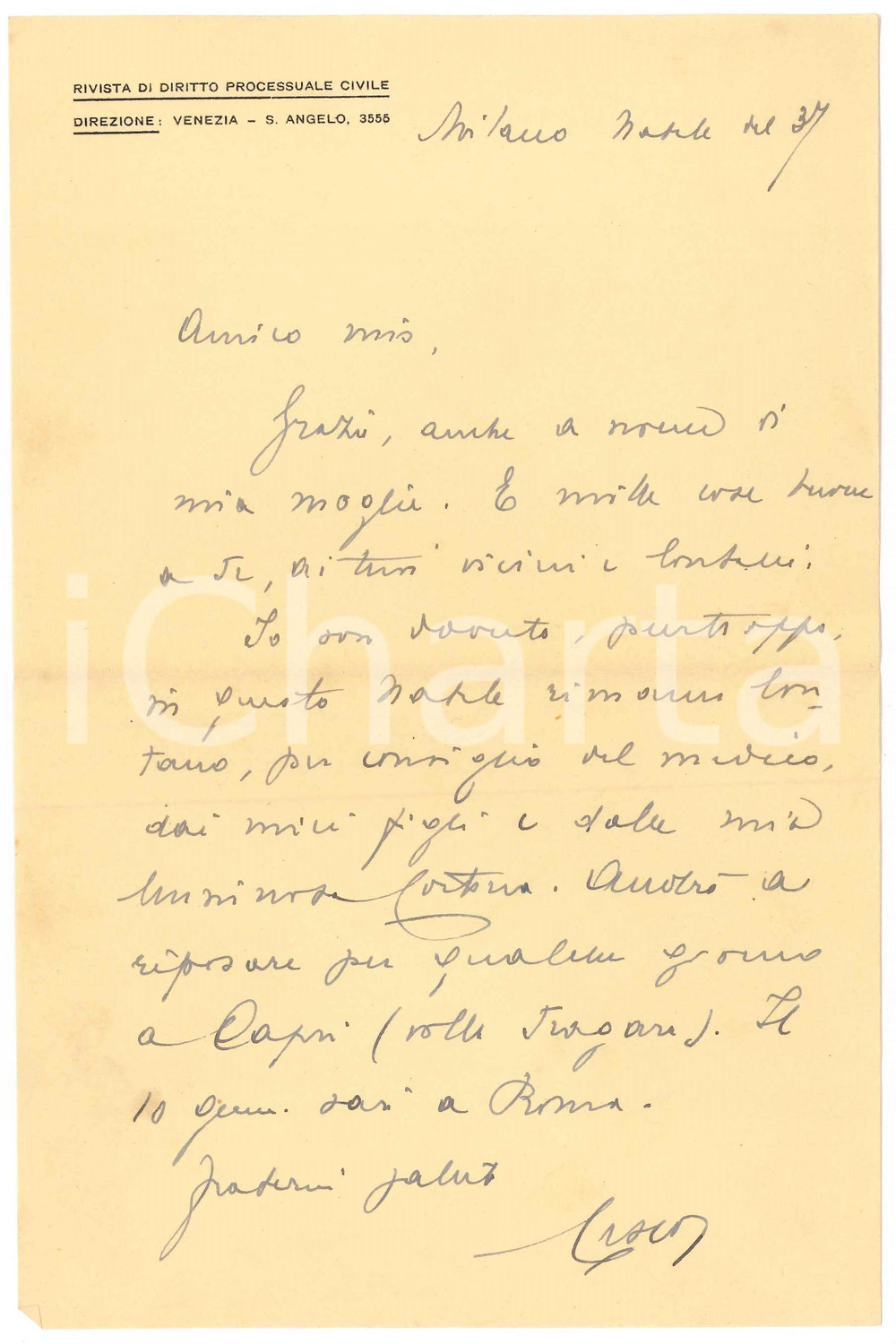 Autografo originale Natale 1937 MILANO Lettera Francesco CARNELUTTI per auguri AUTOGRAFO 1