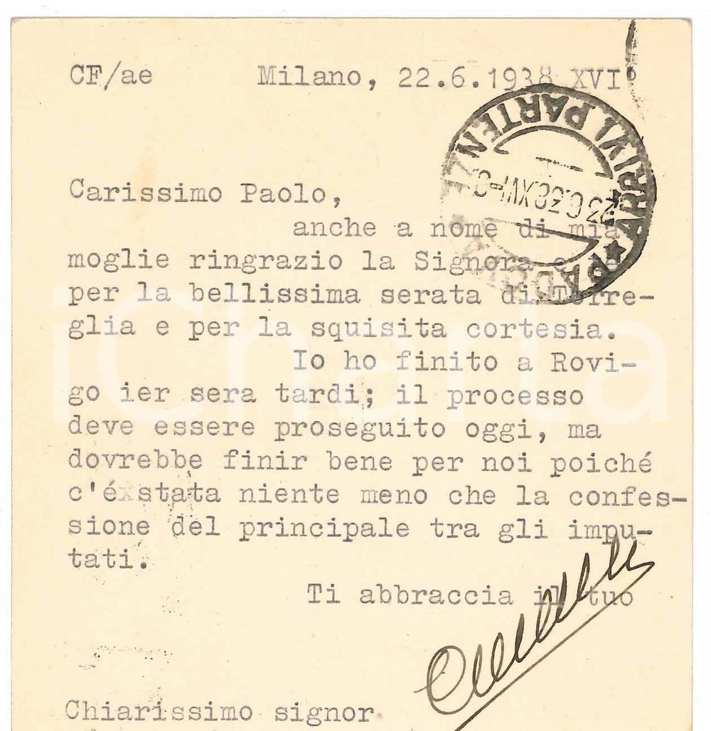 Autografo originale 1938 MILANO Francesco CARNELUTTI e il buon esito di un processo Autografo 1