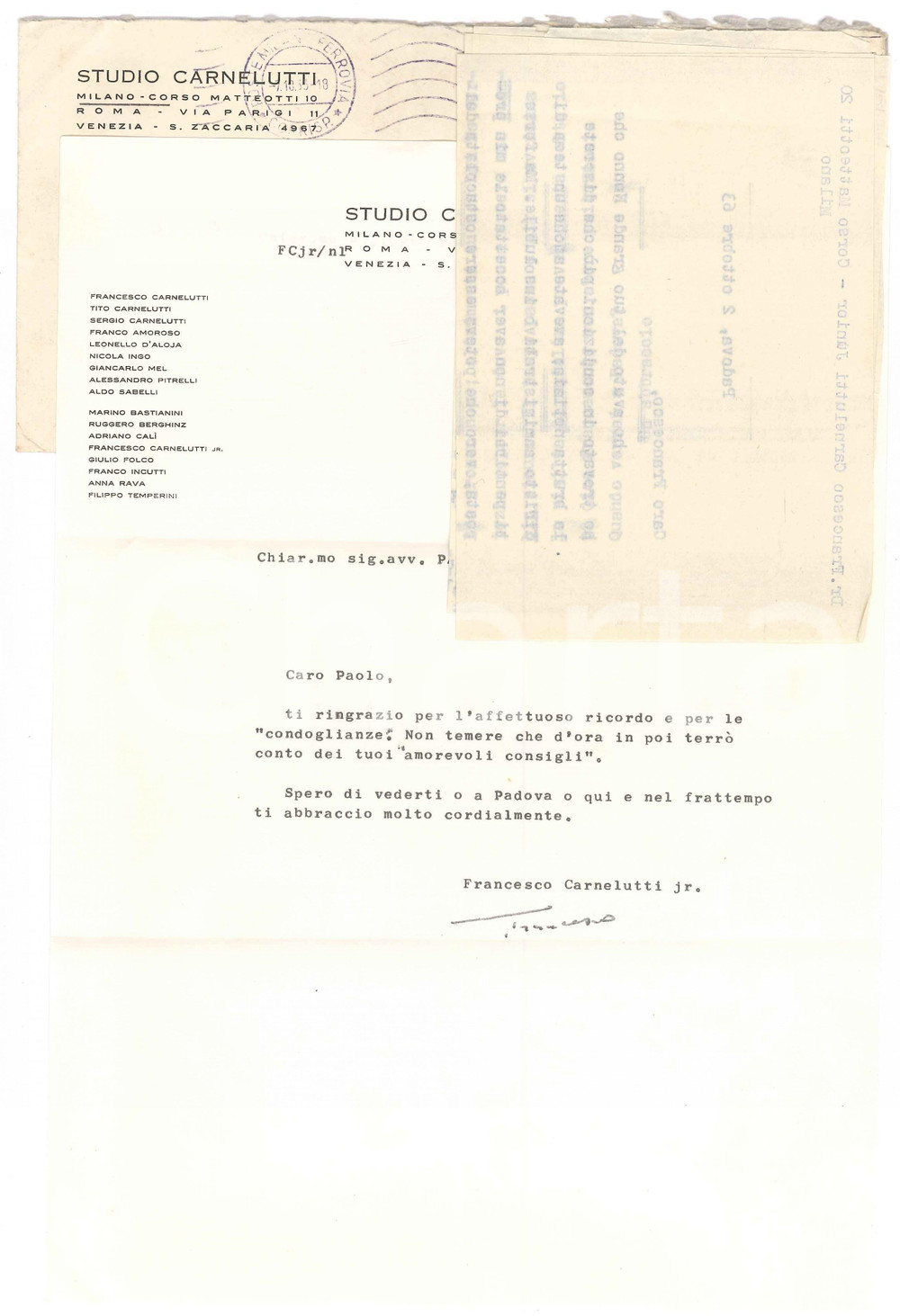 Autografo originale 1963 MILANO Francesco CARNELUTTI jr  Ringraziamento per condoglianze AUTOGRAFO 1
