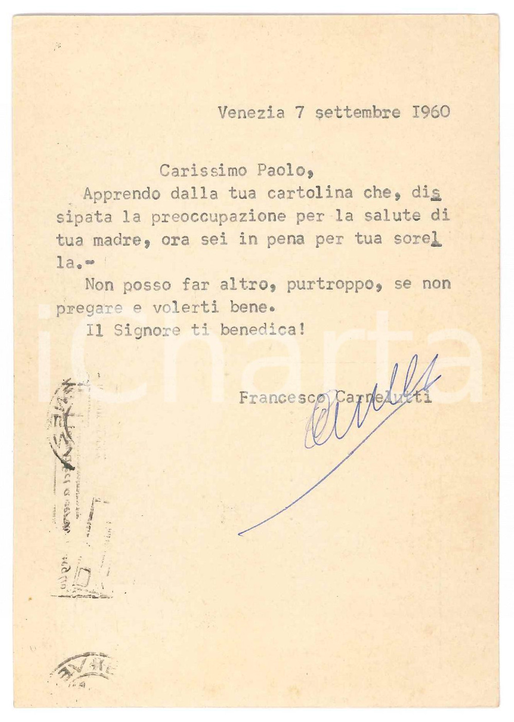 Autografo originale 1960 VENEZIA Francesco CARNELUTTI  Cartolina a un amico Autografo 1