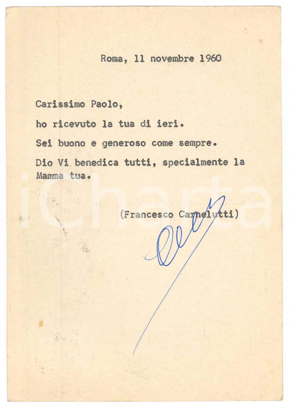 1960 ROMA Cartolina Francesco CARNELUTTI a un amico *Autografo