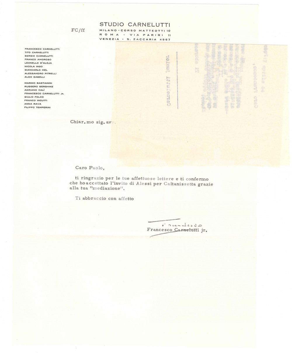 Autografo originale 1964 MILANO Francesco CARNELUTTI jr accetta invito a Caltanissetta  Autografo 1