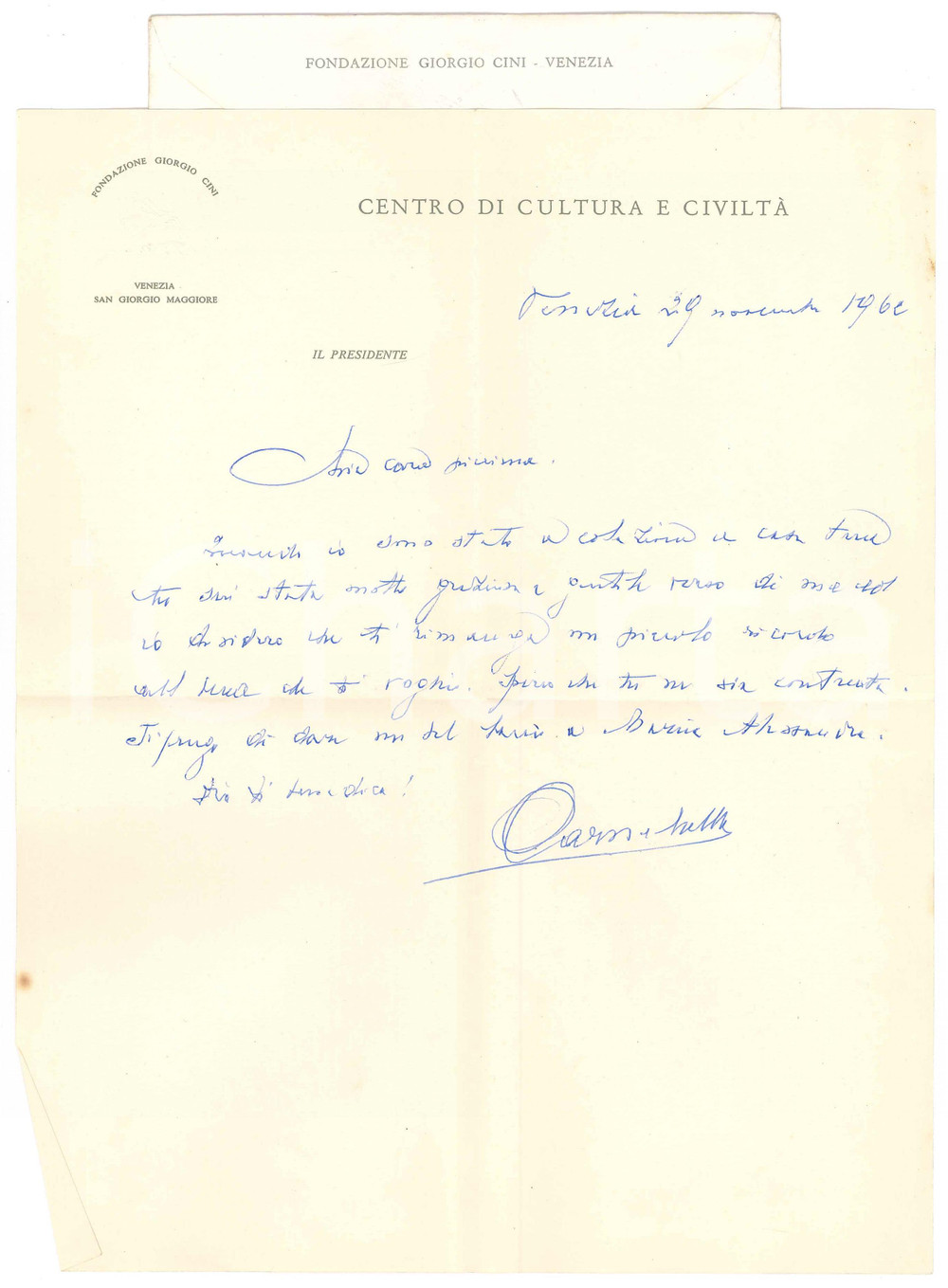 Autografo originale 1962 VENEZIA Lettera Francesco CARNELUTTI  Ringraziamento ospitalità AUTOGRAFO 1