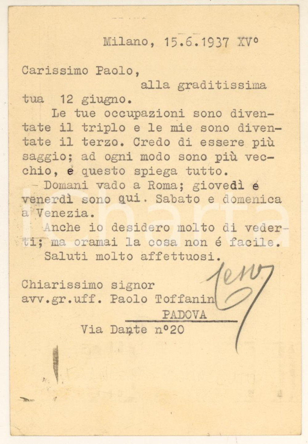 Autografo originale 1937 MILANO Cartolina Francesco CARNELUTTI più saggio e più vecchio AUTOGRAFO 1